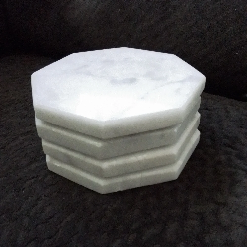 Marble Coasters with wood holder, octagonal, white and gray, set of 4
